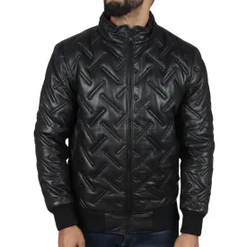 Men's Puffer Quilted Bomber Jacket Real Leather Casual