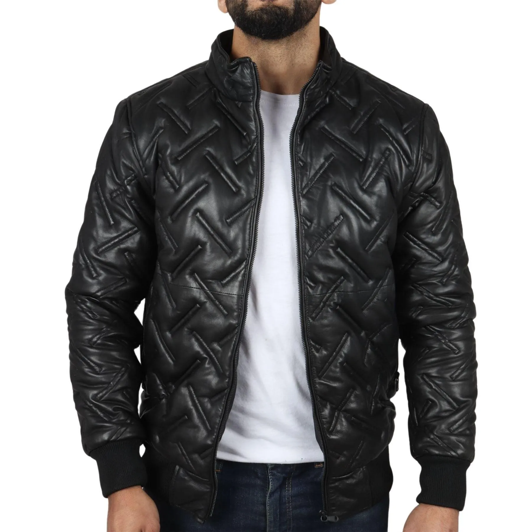 Men's Puffer Quilted Bomber Jacket Real Leather Casual