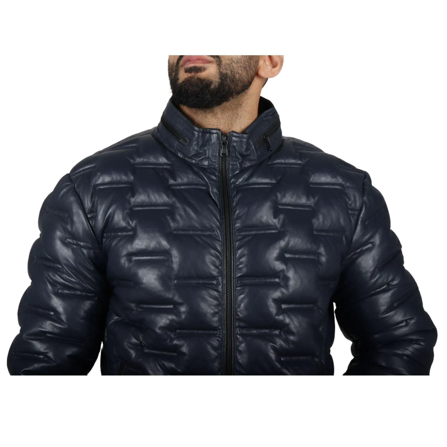 Men's Puffer Quilted Real Leather Jacket Casual Waist Length