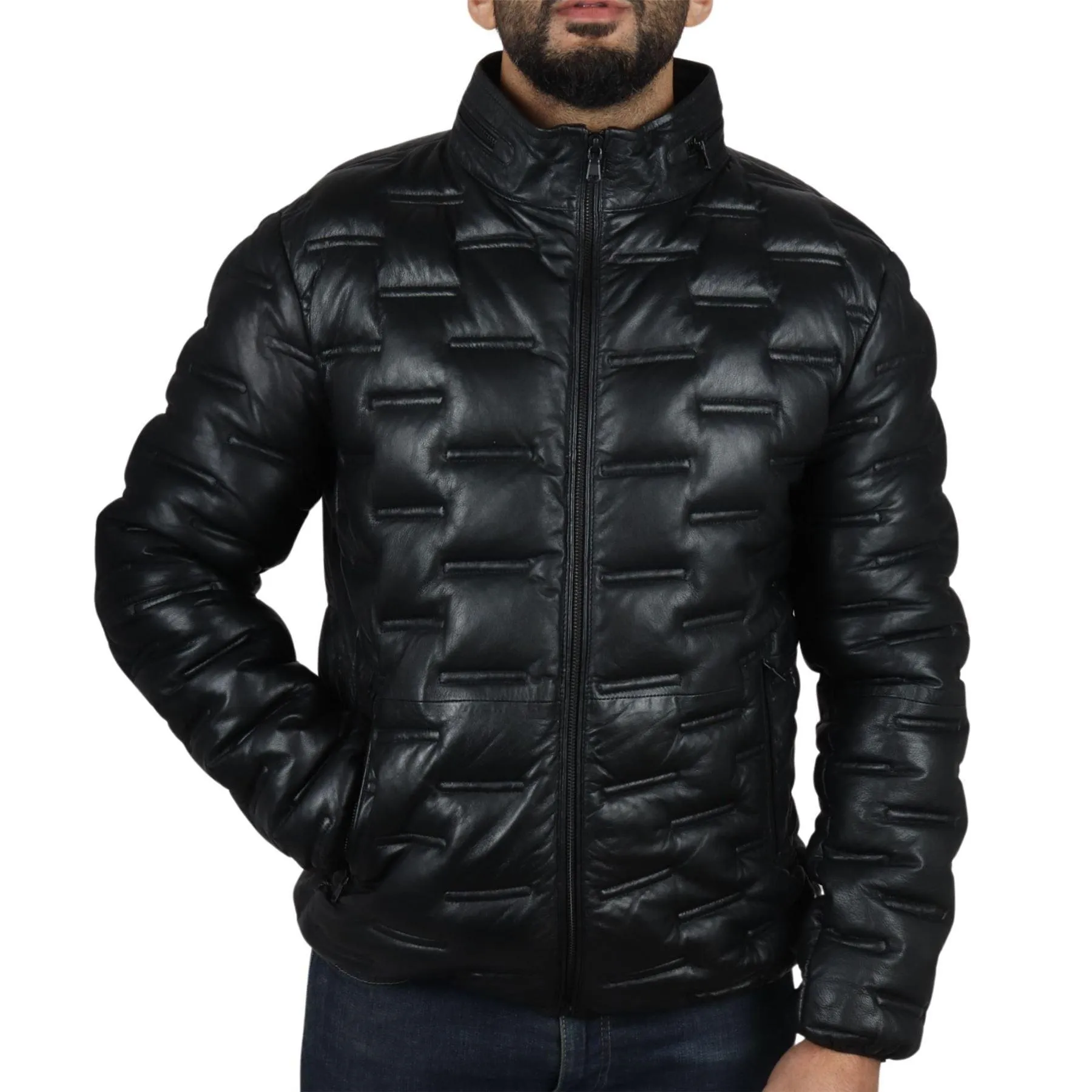 Men's Puffer Quilted Real Leather Jacket Casual Waist Length