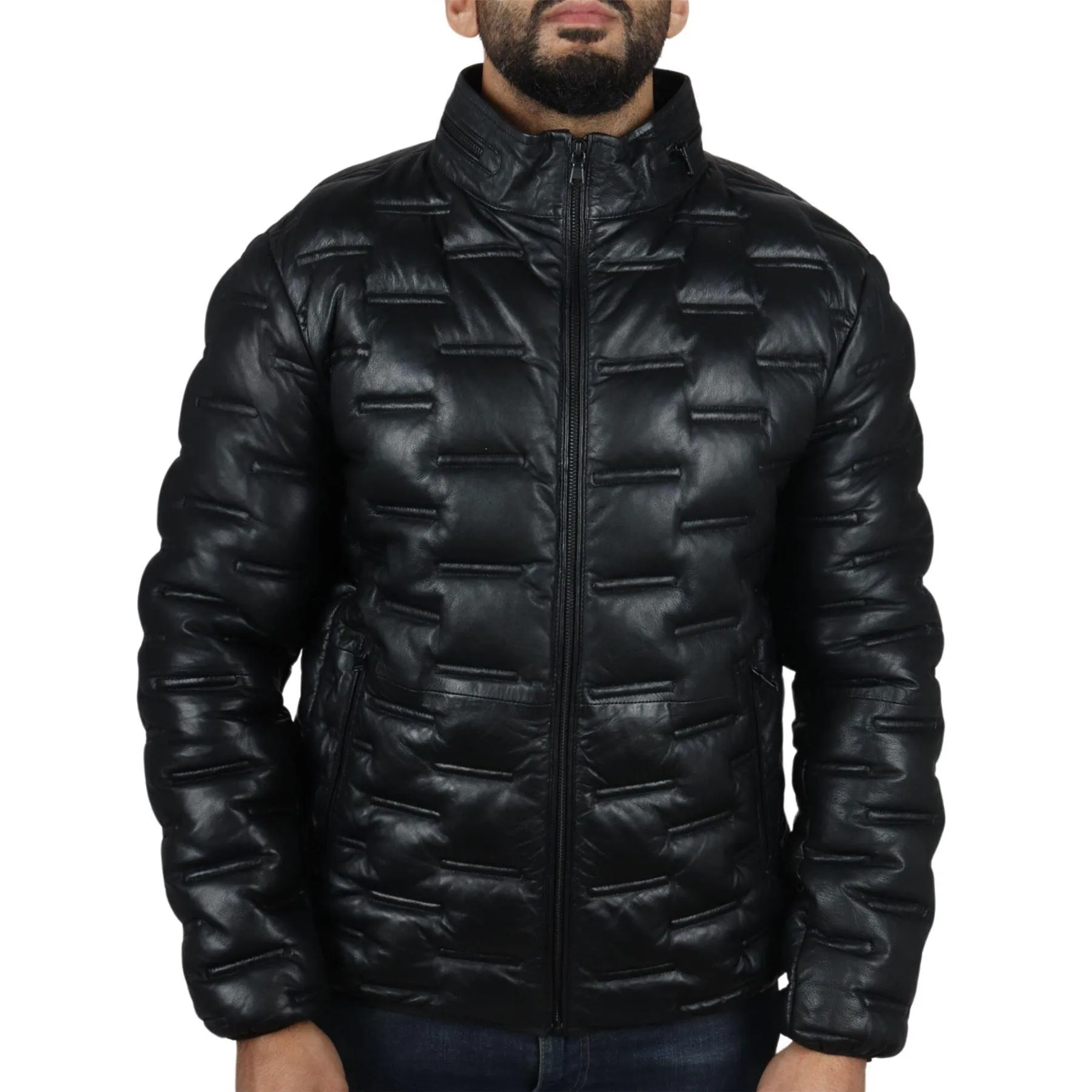 Men's Puffer Quilted Real Leather Jacket Casual Waist Length