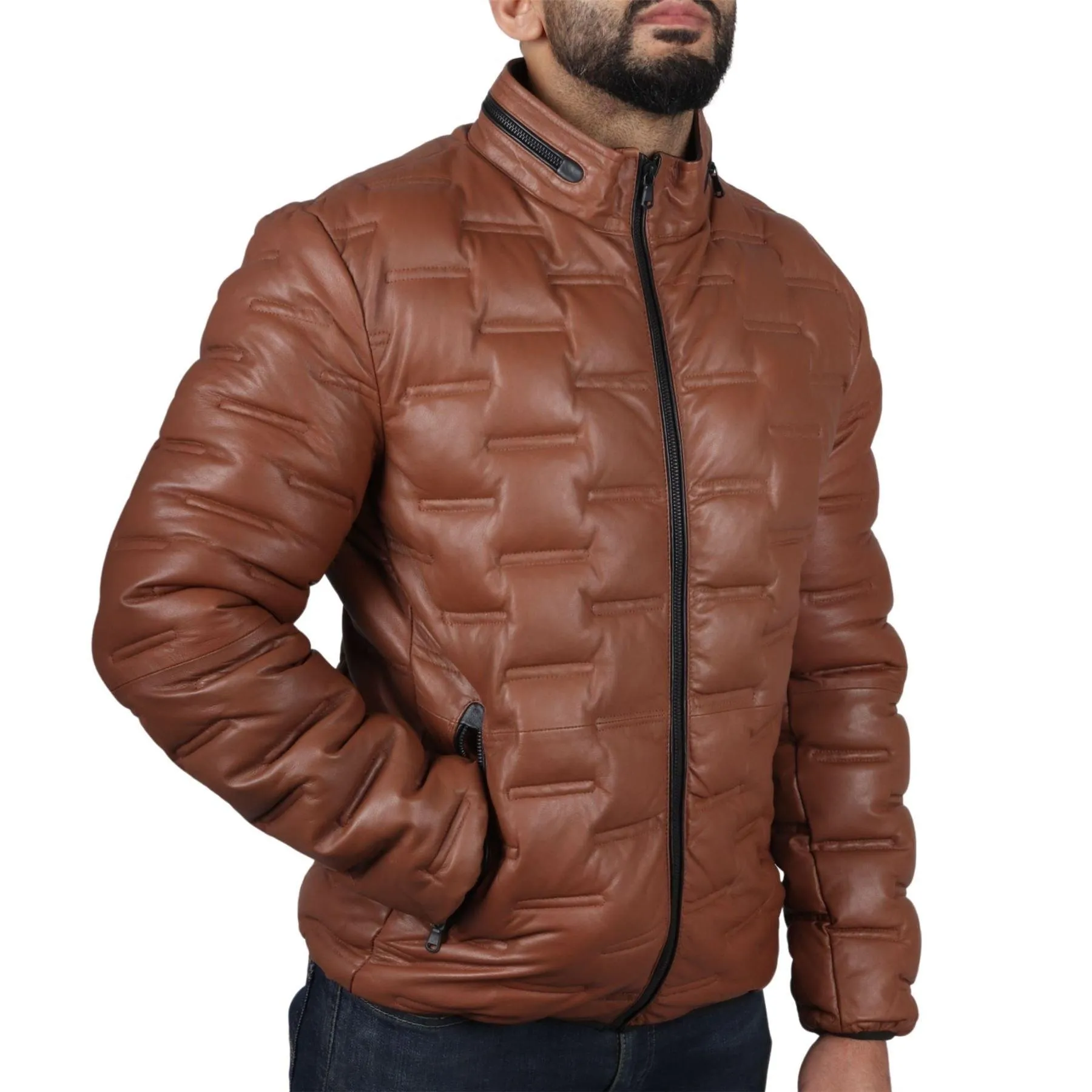 Men's Puffer Quilted Real Leather Jacket Casual Waist Length