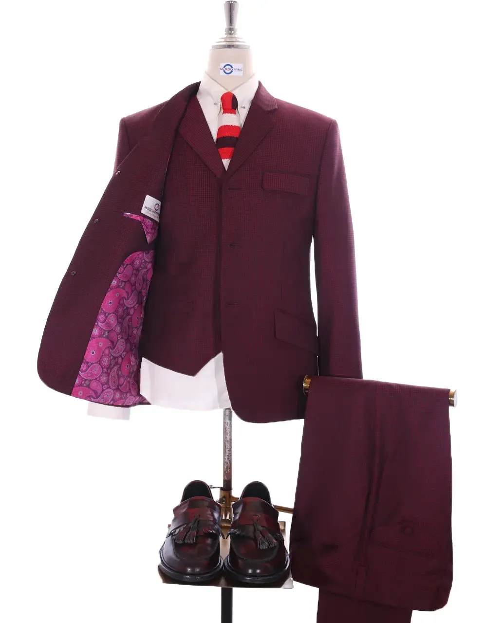 Men's Three Piece Burgundy Check Suit