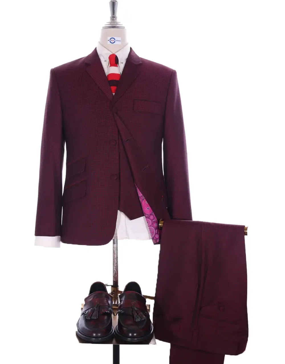 Men's Three Piece Burgundy Check Suit