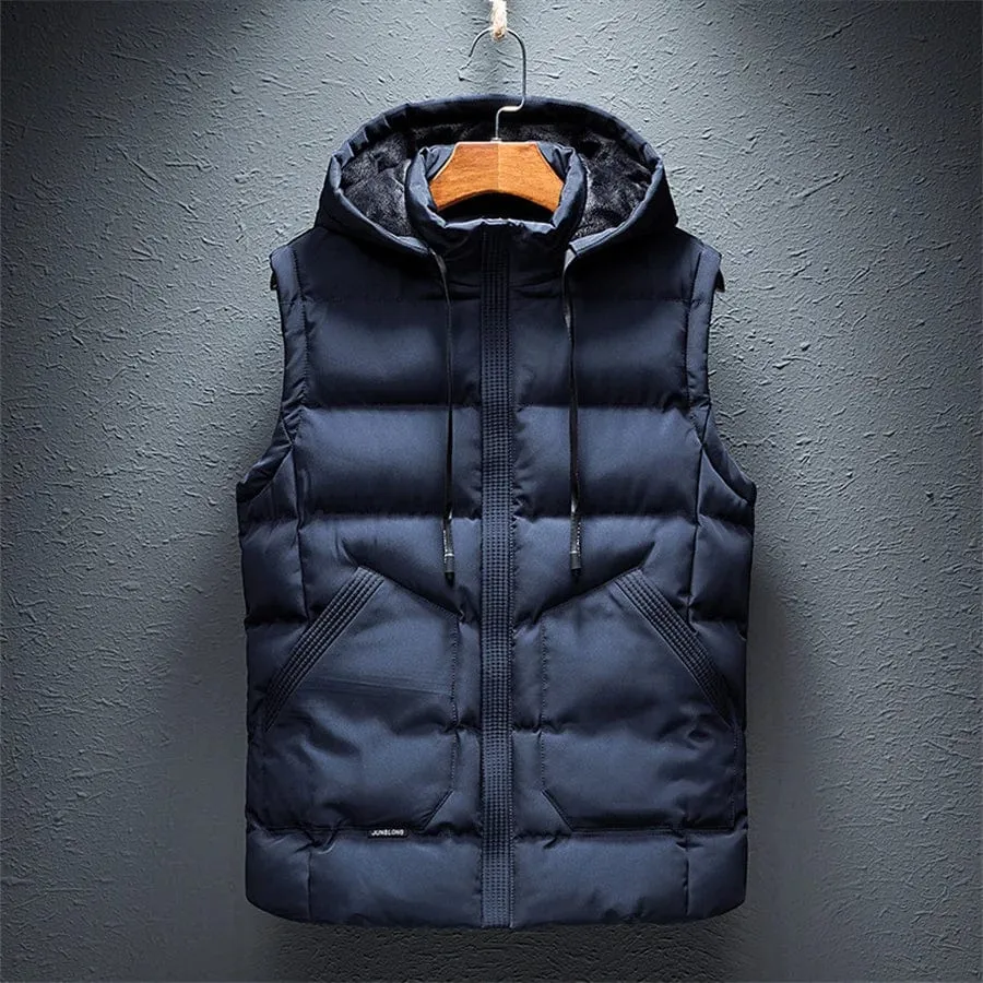 Men's Warm Sleeveless Vest Gilet Casual Cotton Jacket Double Large Pocket Hooded Waistcoat