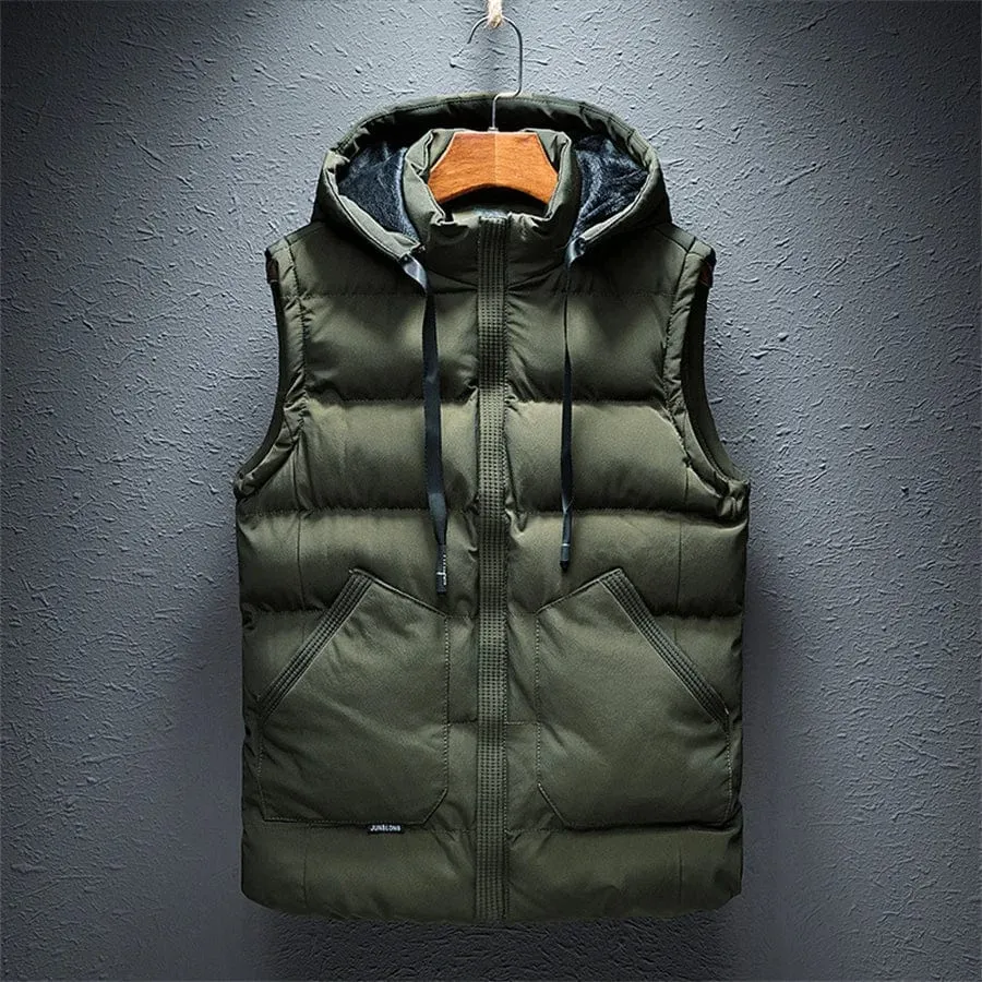 Men's Warm Sleeveless Vest Gilet Casual Cotton Jacket Double Large Pocket Hooded Waistcoat