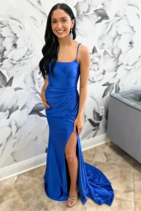 Mermaid Straps Royal Blue Long Prom Dress with High Slit