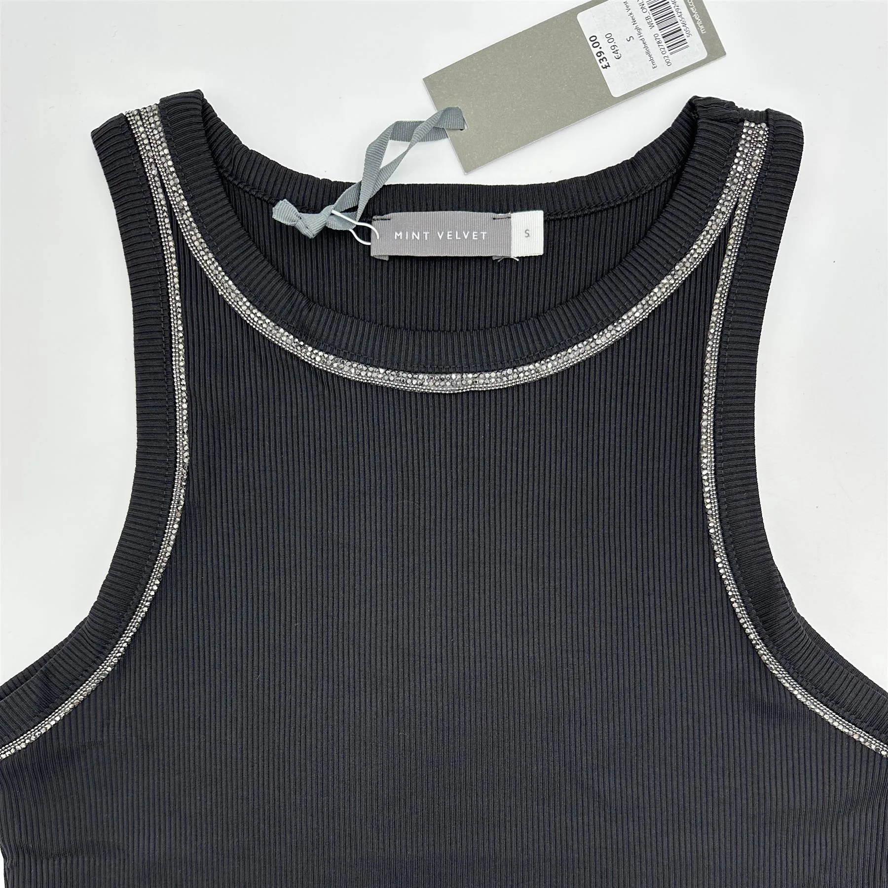 Mint Velvet Ribbed Embellished High Neck Vest Top Black