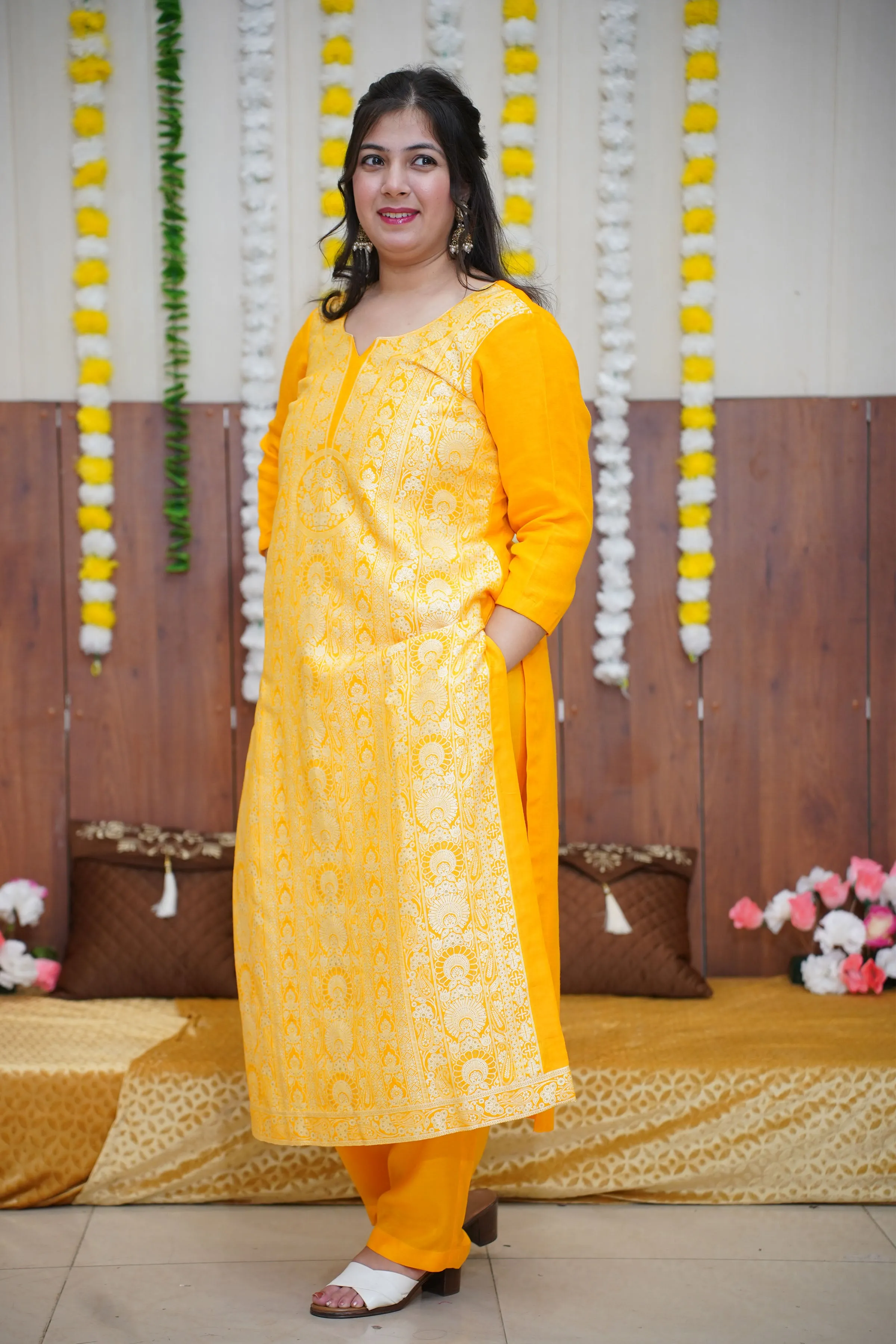 Mustard Gold Jacquard Linen Suit