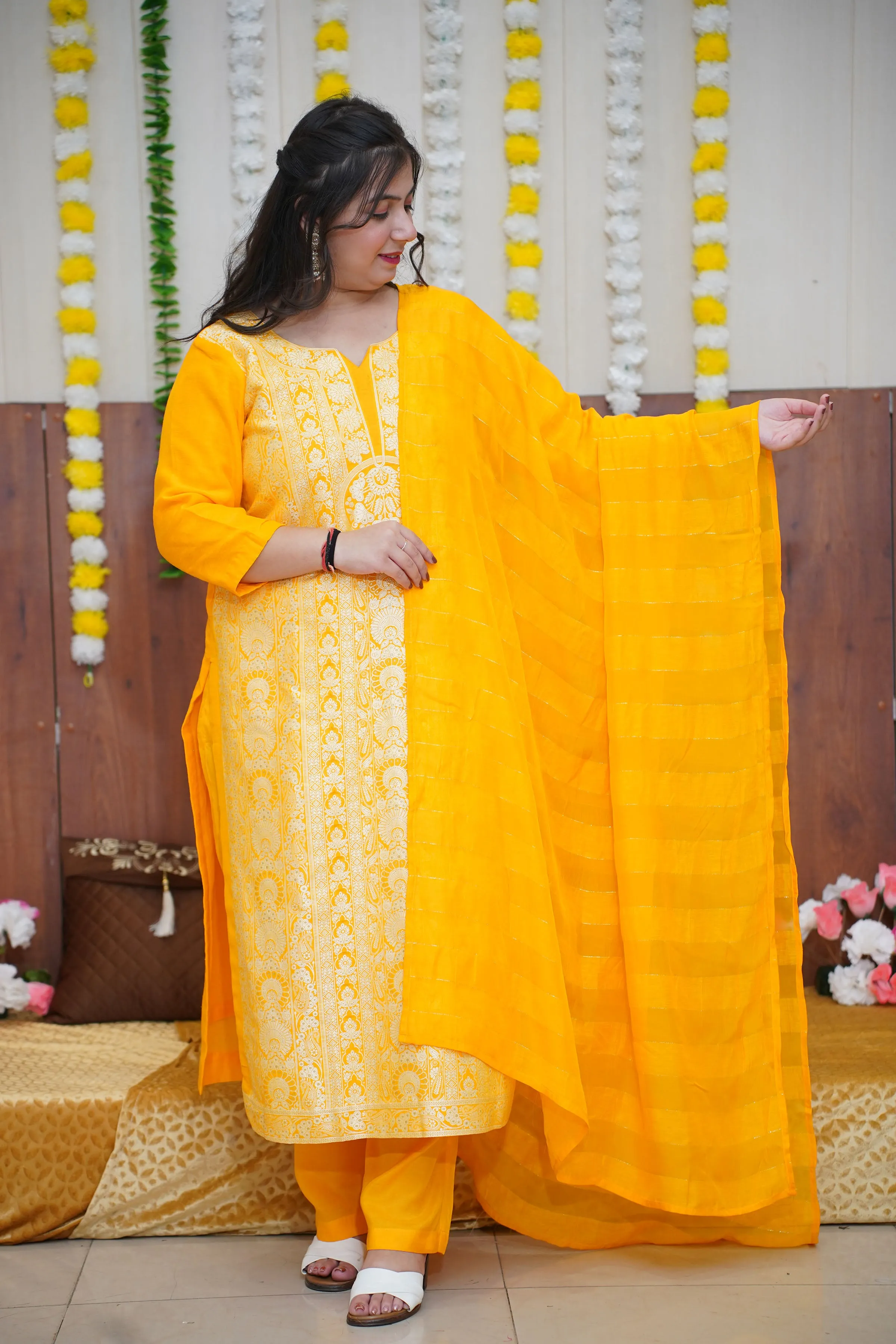 Mustard Gold Jacquard Linen Suit