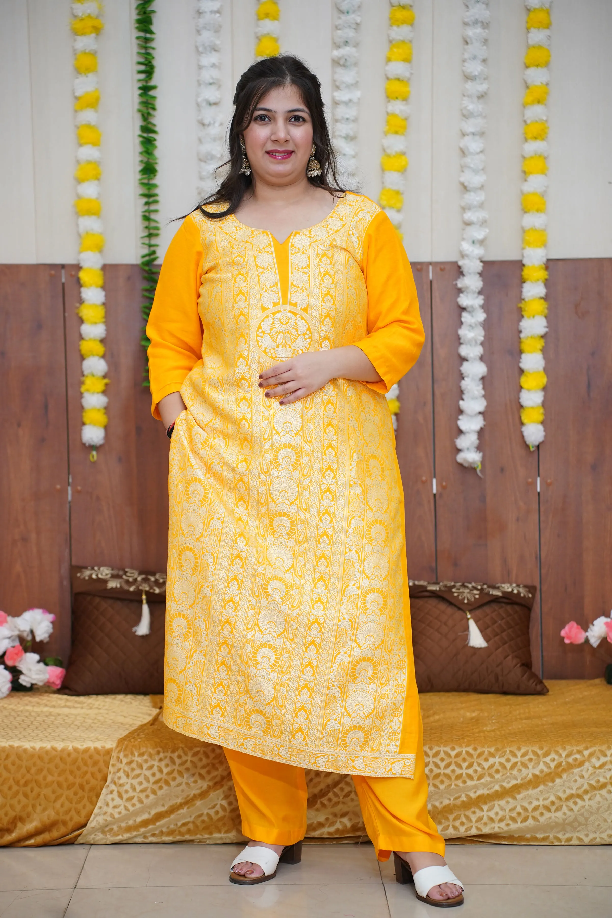 Mustard Gold Jacquard Linen Suit