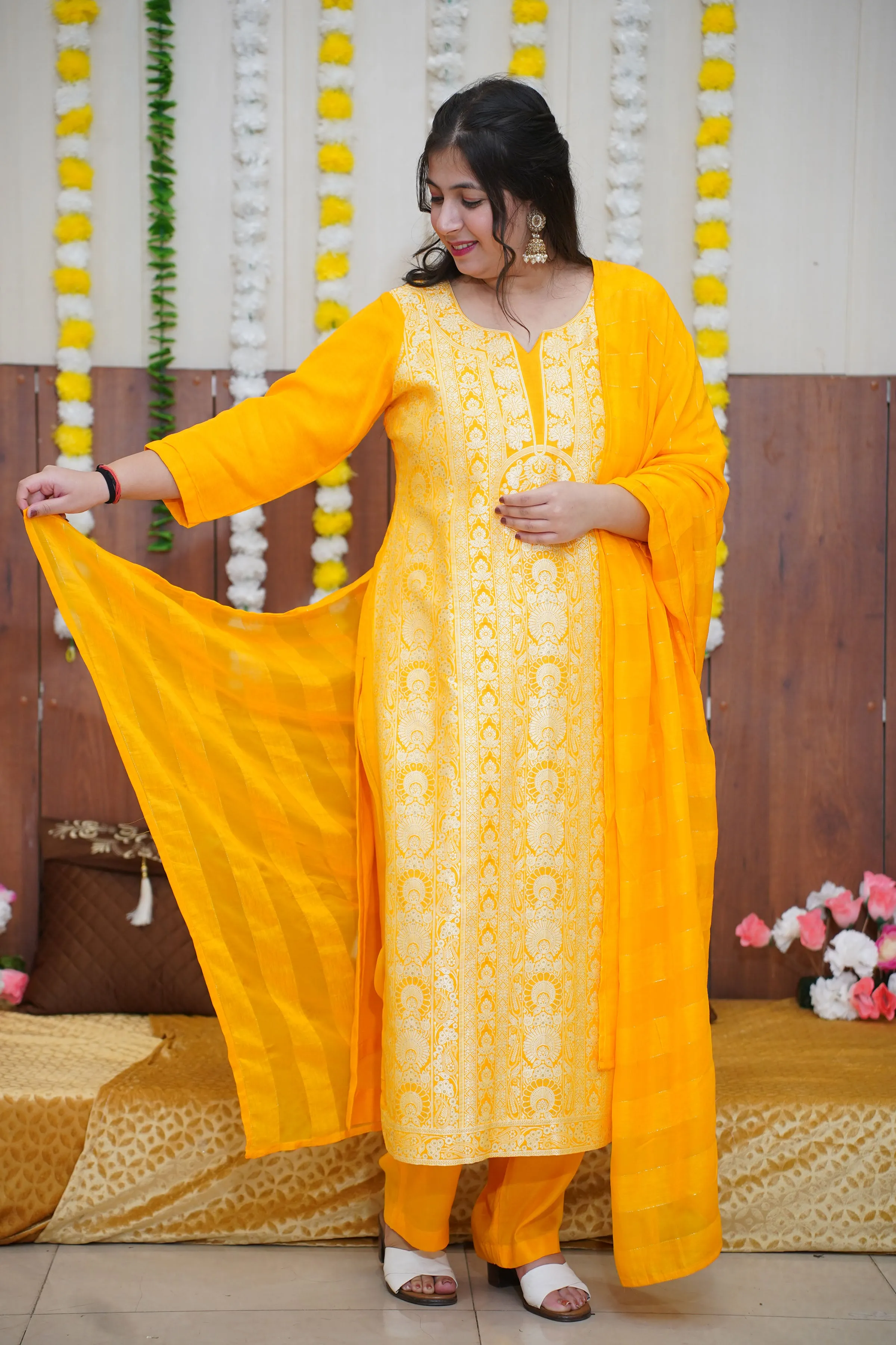 Mustard Gold Jacquard Linen Suit