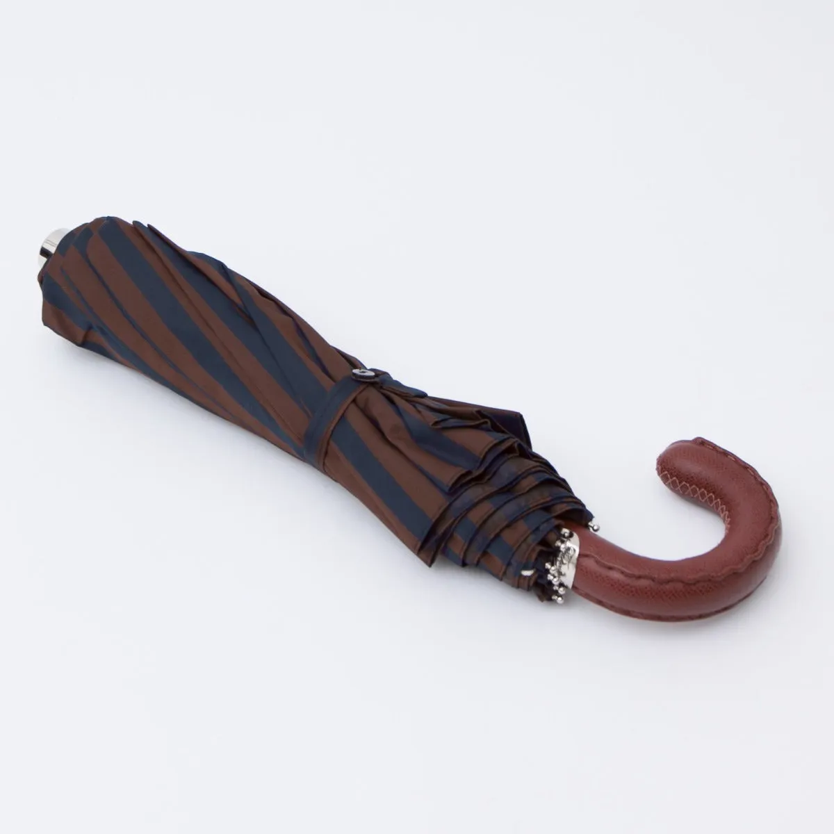 Navy and Brown Stripe Travel Umbrella with Leather Handle