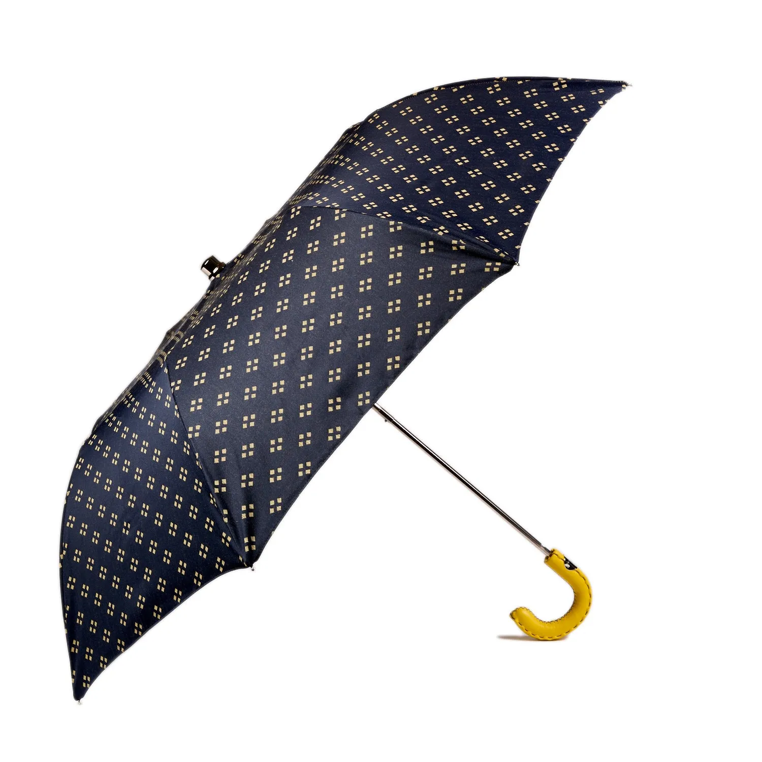 Navy And Yellow Geometric Travel Umbrella With Leather Handle