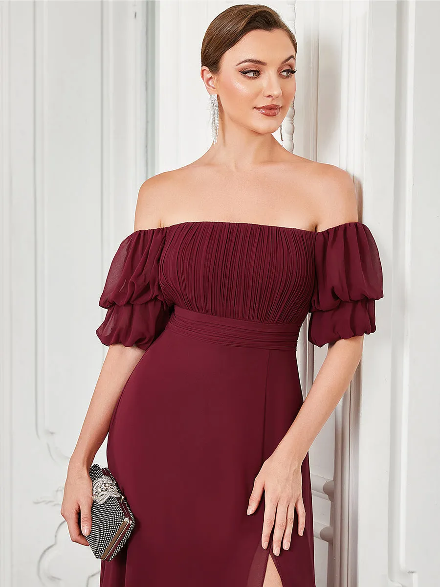 Off Shoulders Short Puff Sleeves Split Wholesale Evening Dresses