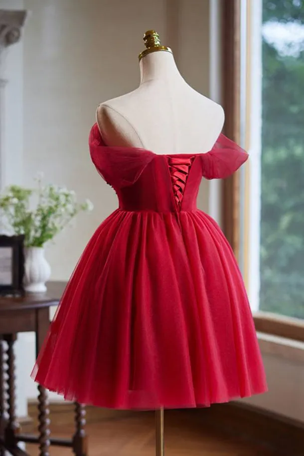 Off the Shoulder Red Beaded Short Tulle Dress