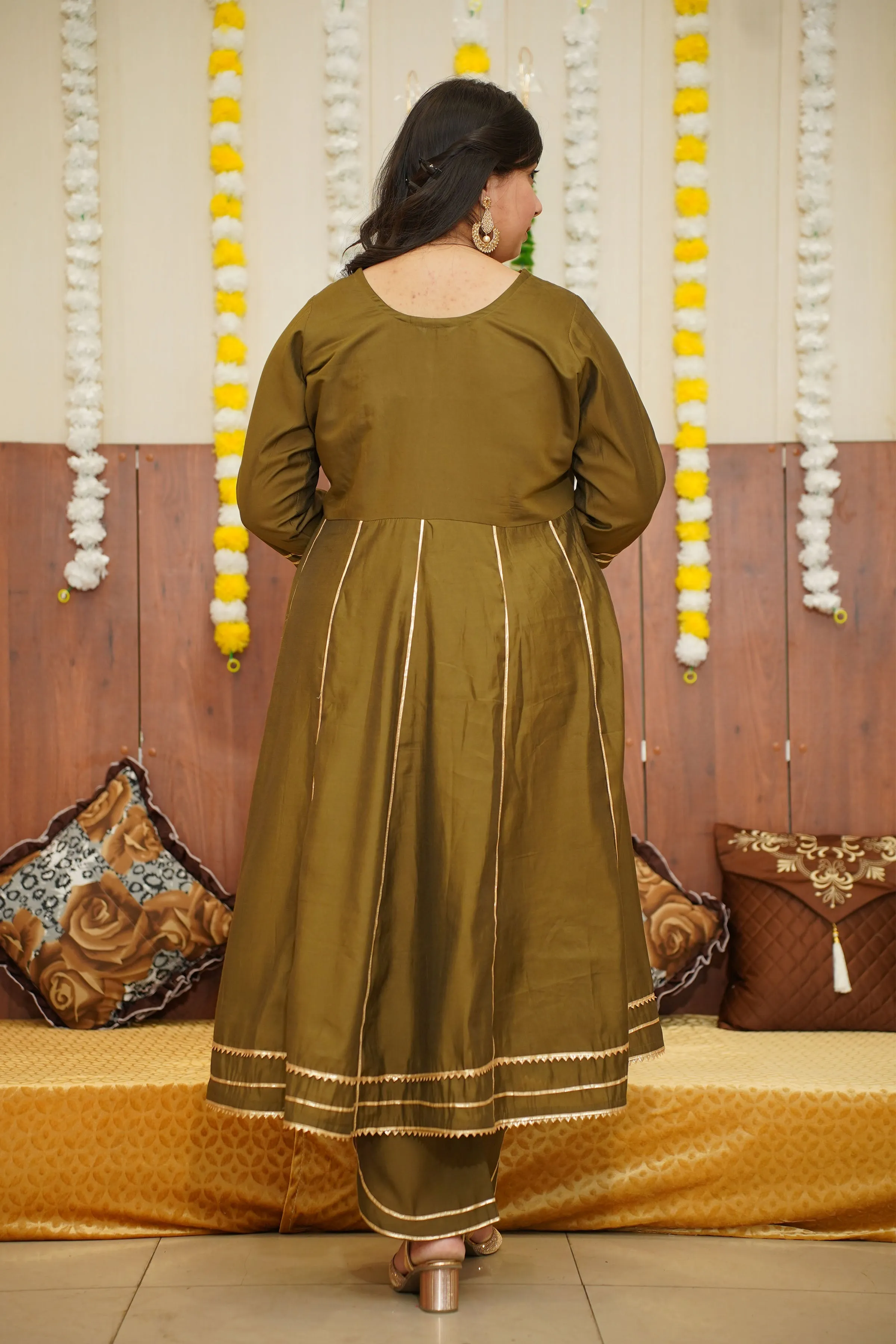 Olive Green Foiled Anarkali Set