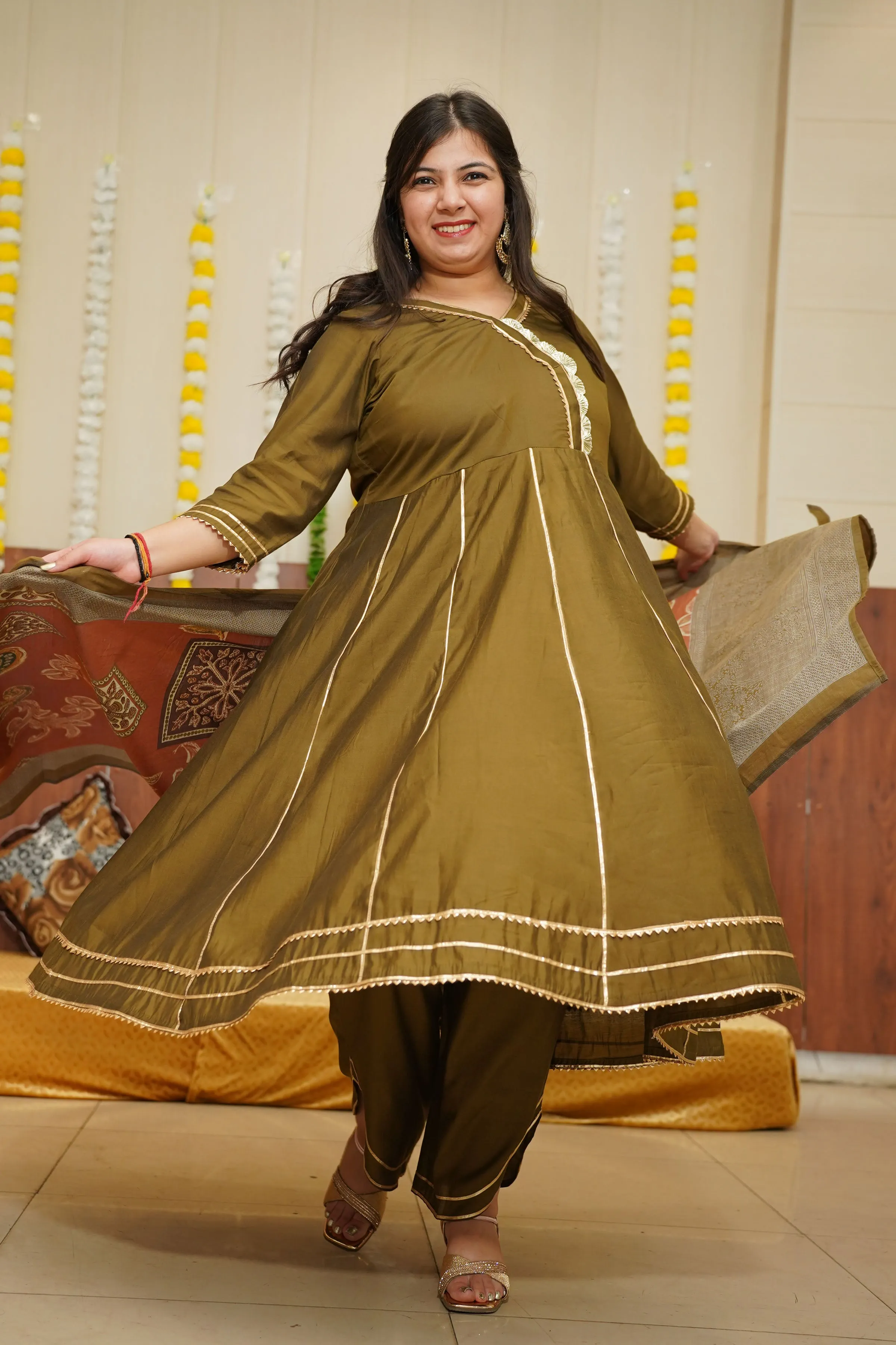 Olive Green Foiled Anarkali Set