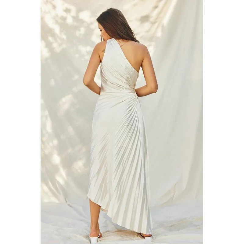 Olympia Asymmetrical Pleated Maxi Dress