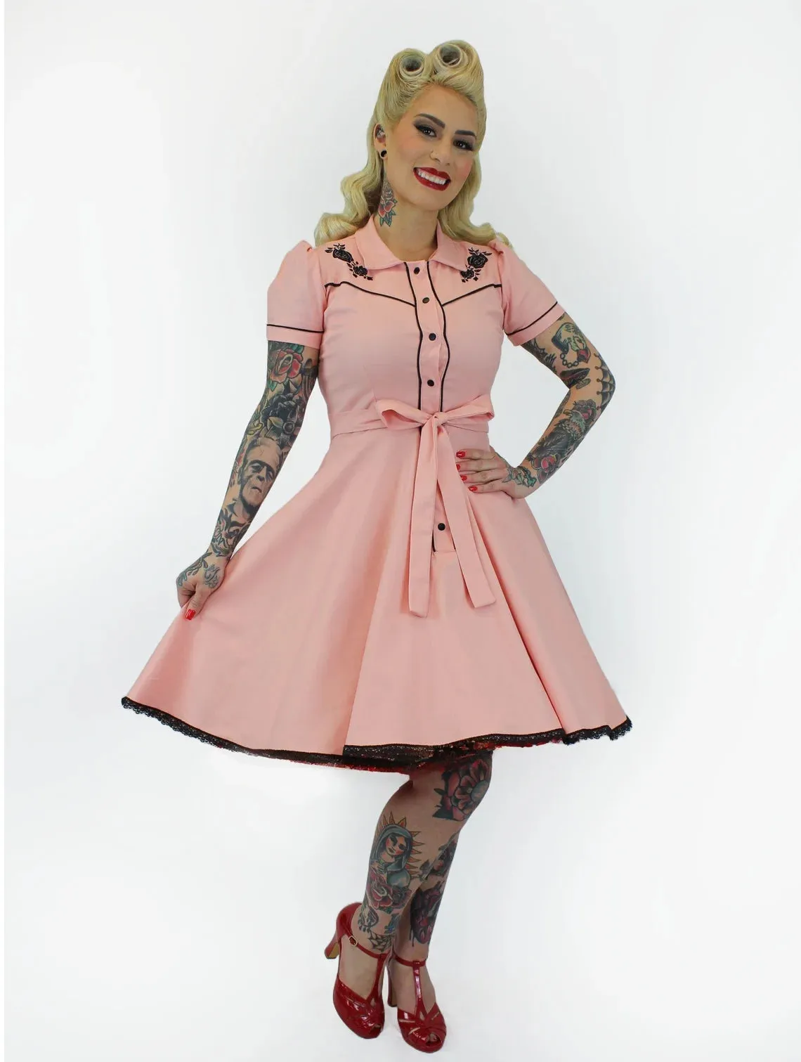 Pink Black Rose Vintage Rockabilly Western Country Women Dress #E-PRWD