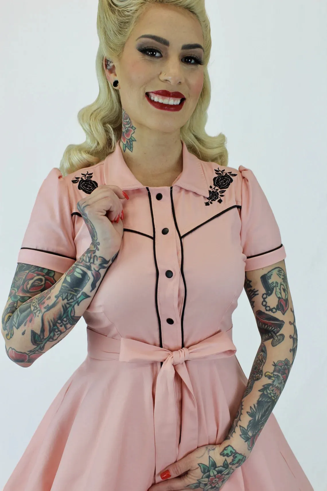 Pink Black Rose Vintage Rockabilly Western Country Women Dress #E-PRWD