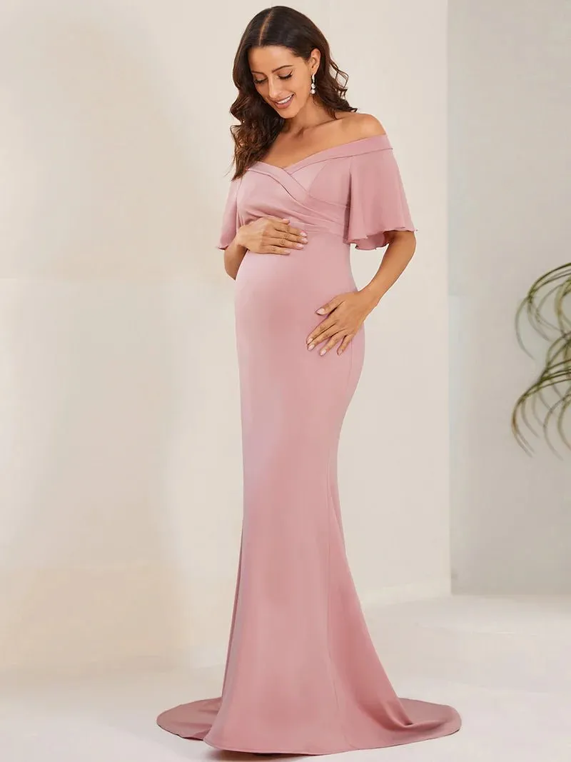 Pleated Off Shoulder Mermaid Maternity Dress