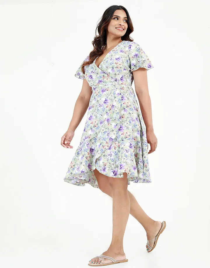 Printed Fixed Wrap Dress in Short Sleeves