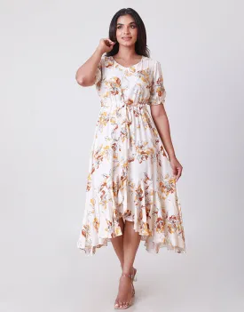 Printed Puff Sleeves High Low Hem Dress