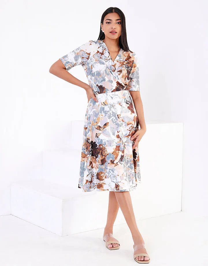 Printed Wraparound Short Sleeves Dress