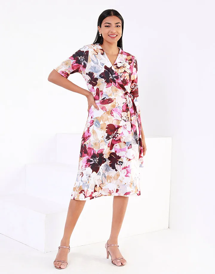 Printed Wraparound Short Sleeves Dress