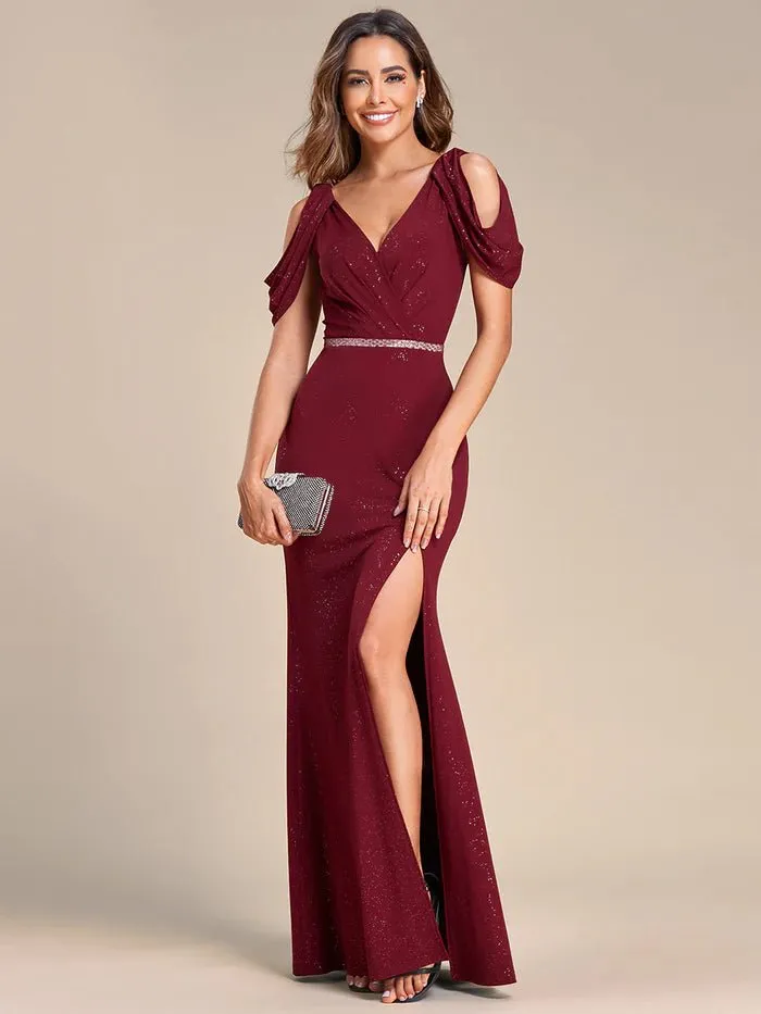 Puff Sleeve V-Neck Fishtail Bodycon Chain Split Shiny Bridesmaid Dress