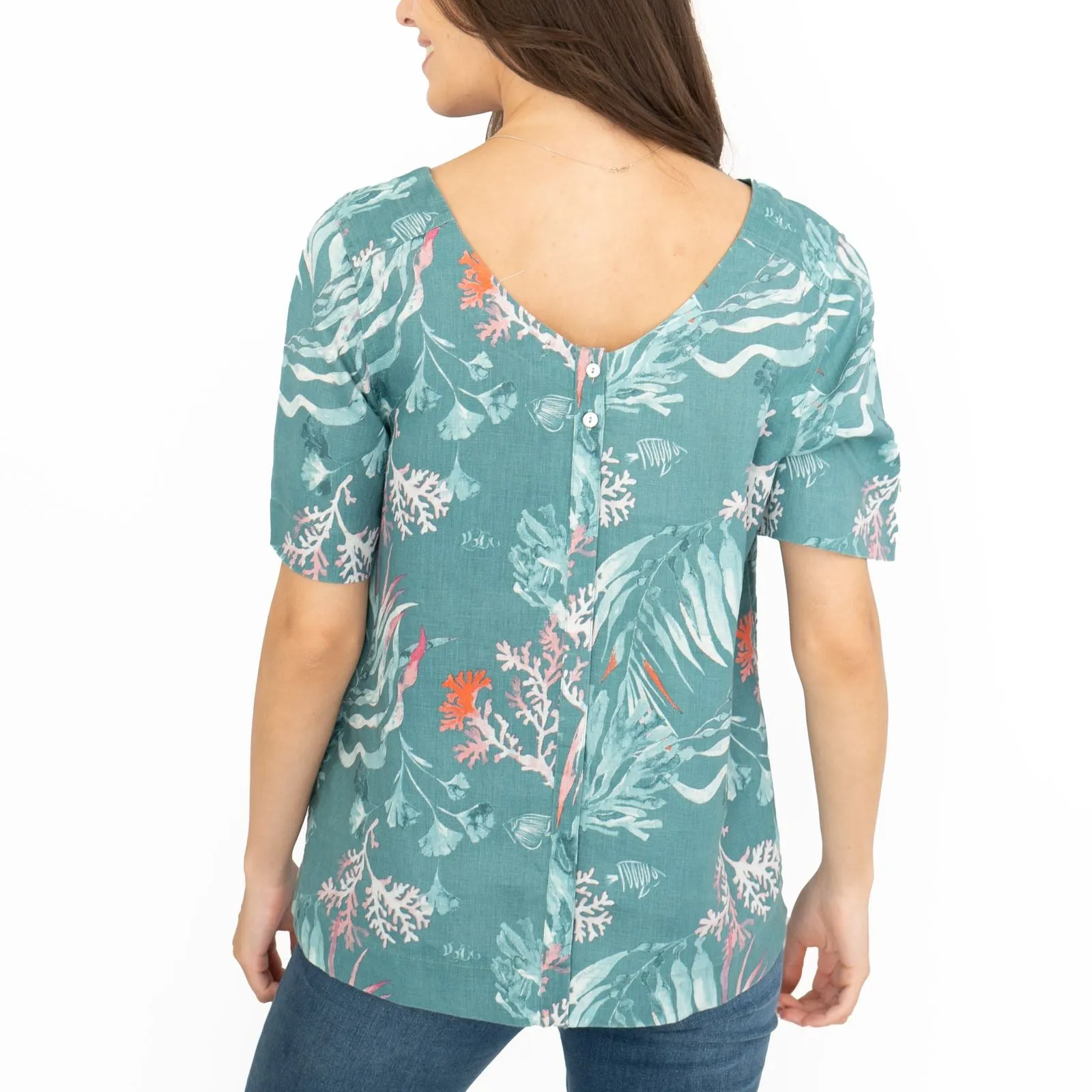 Seasalt Green Seaweed Linen Blouse Relaxed Fit Short Sleeve Tops