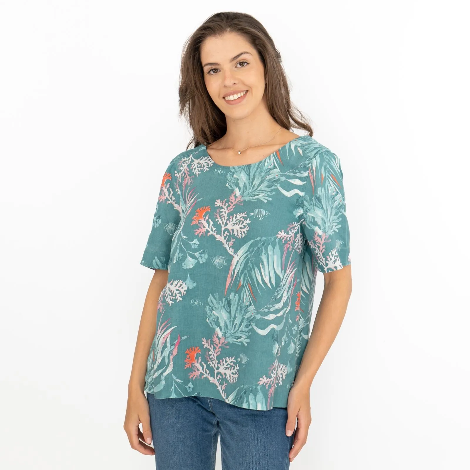 Seasalt Green Seaweed Linen Blouse Relaxed Fit Short Sleeve Tops