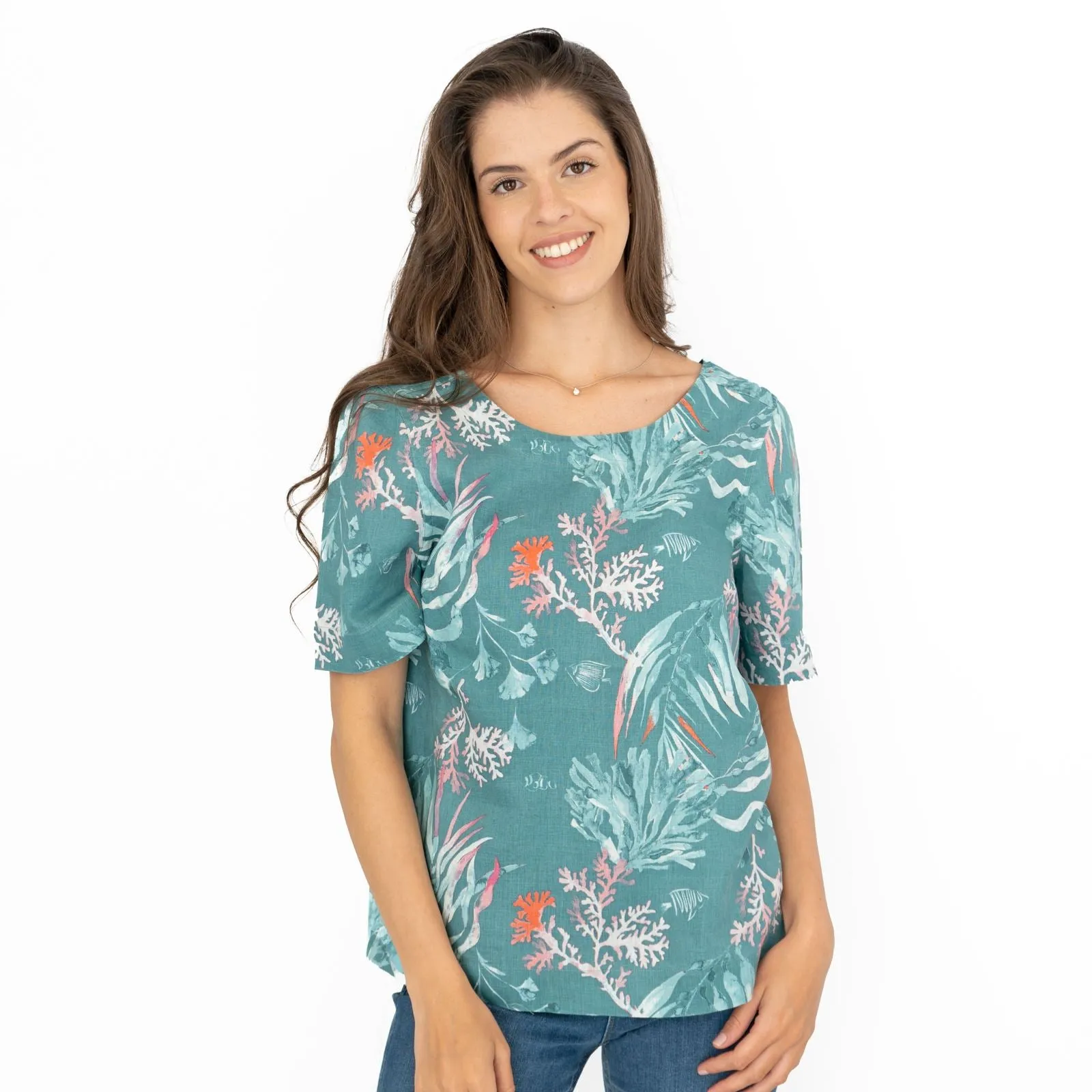 Seasalt Green Seaweed Linen Blouse Relaxed Fit Short Sleeve Tops