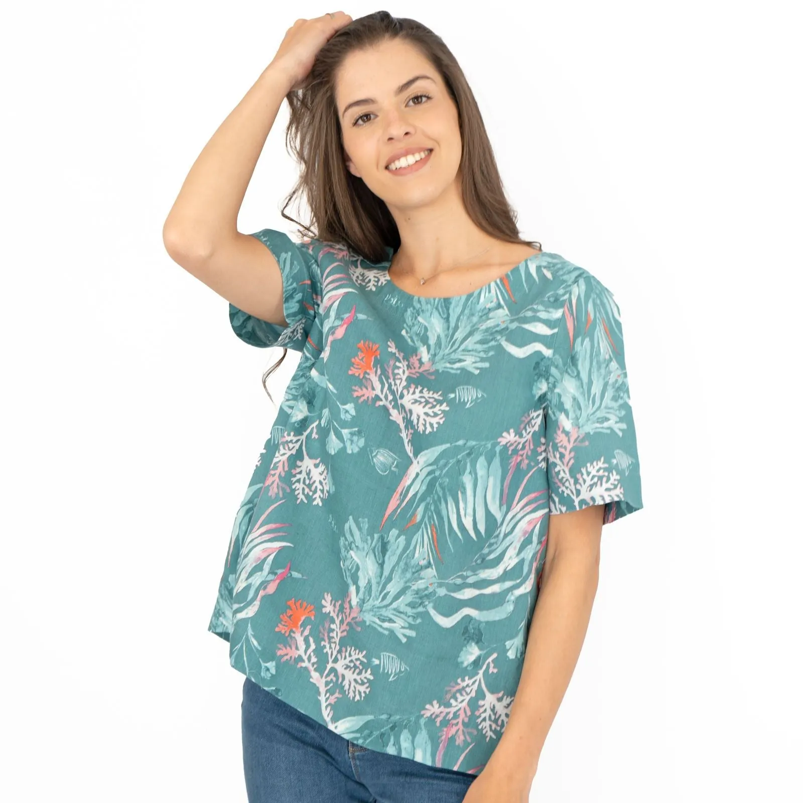 Seasalt Green Seaweed Linen Blouse Relaxed Fit Short Sleeve Tops