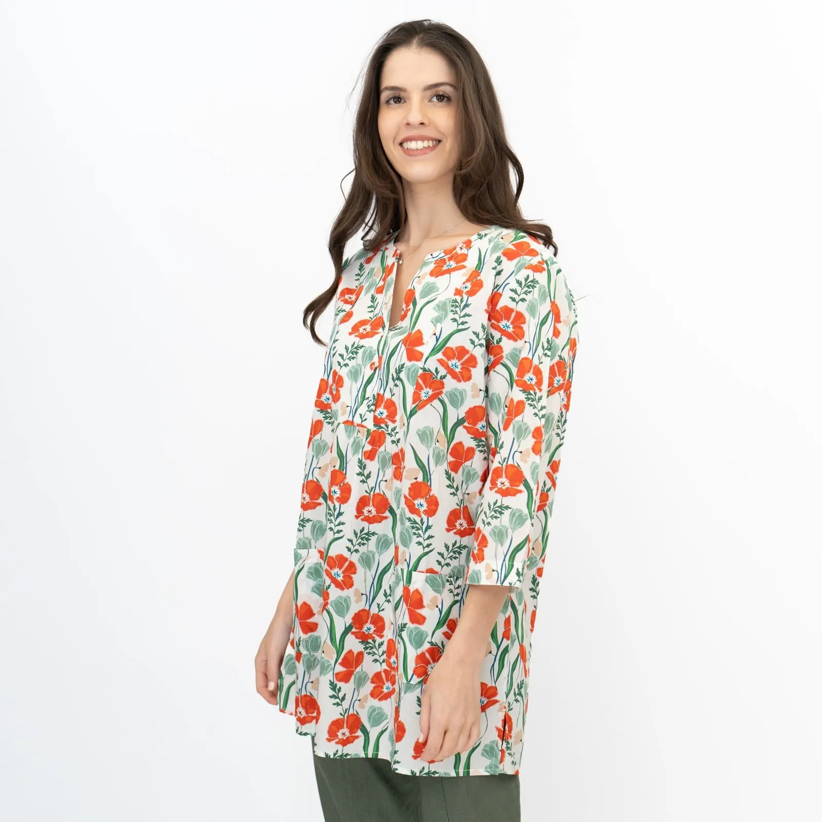 Seasalt Womens Aventurier Printed Tunic Poppies And Tulips Chalk