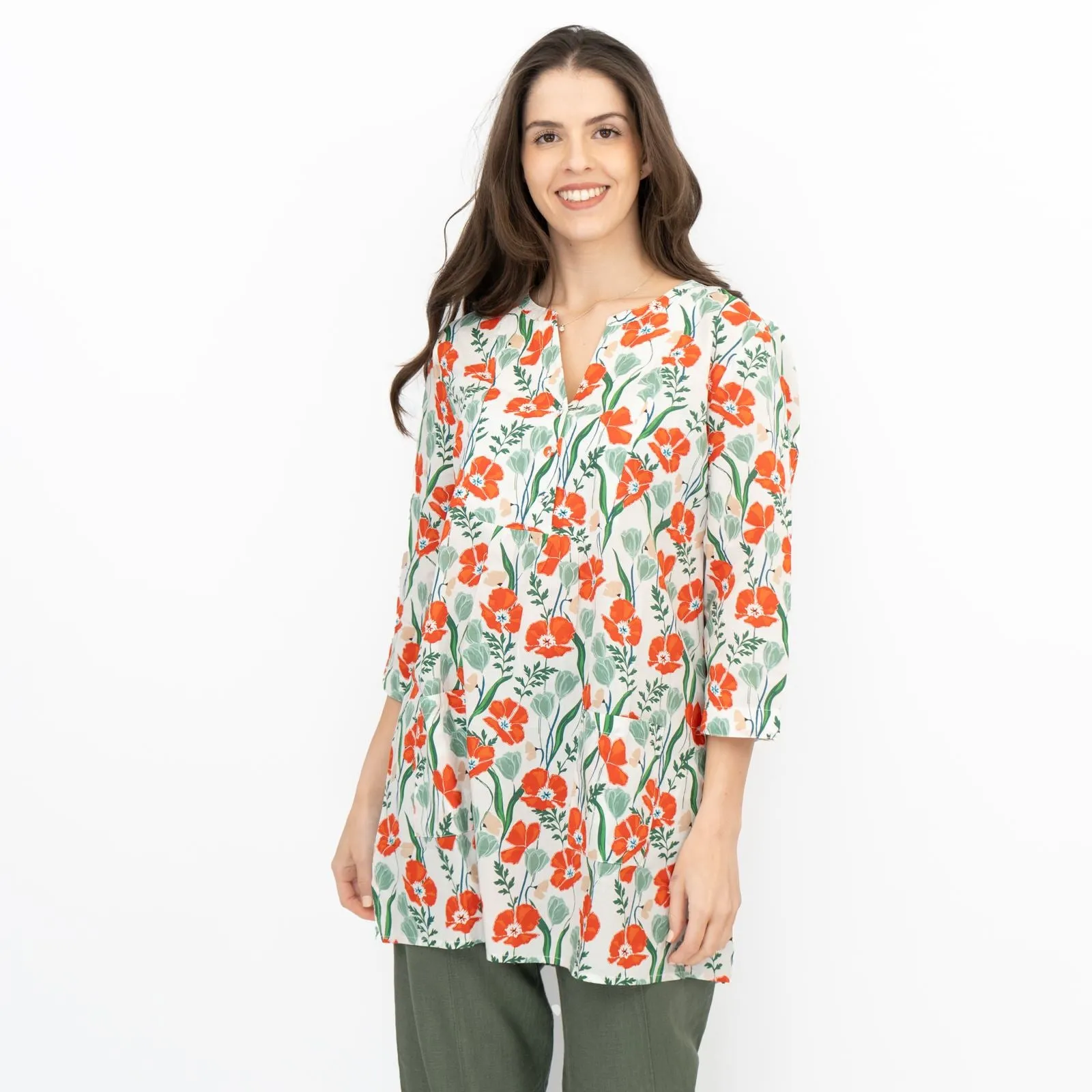 Seasalt Womens Aventurier Printed Tunic Poppies And Tulips Chalk