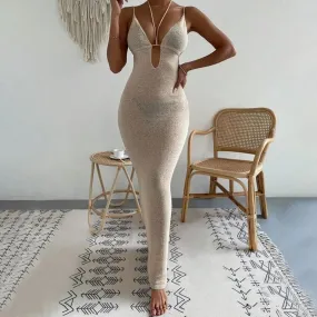 Sexy Deep V Neck Halter Tie Back Cami Sheer Knit Cover Up Maxi Dress