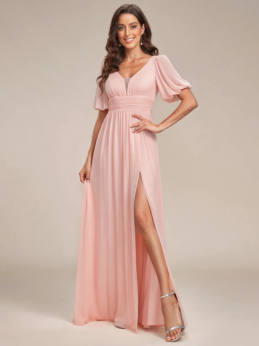 Short Balloon Sleeve Flowy Bridesmaid Dress