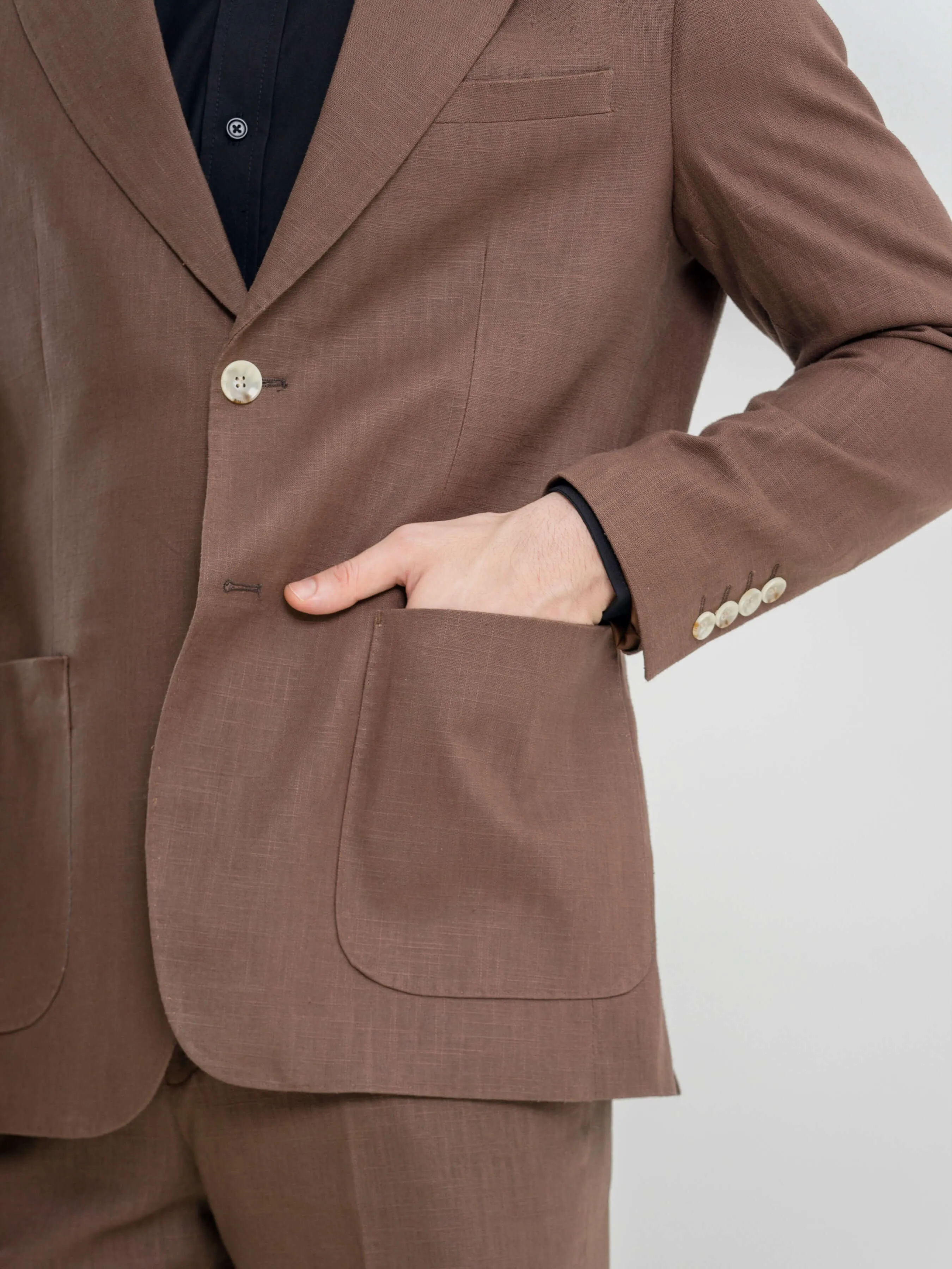 Single Breasted Suit Blazer - Linen Coffee Plain (Peak Lapel)