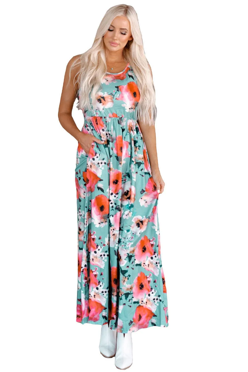 Sky Blue Boho Print Sleeveless High Waist Long Floral Dress