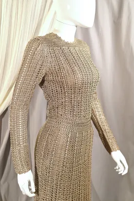 SOLD Vintage 70s Taupe Crochet Dress, Fitted Knit Dress Mady Gerrard XS/S