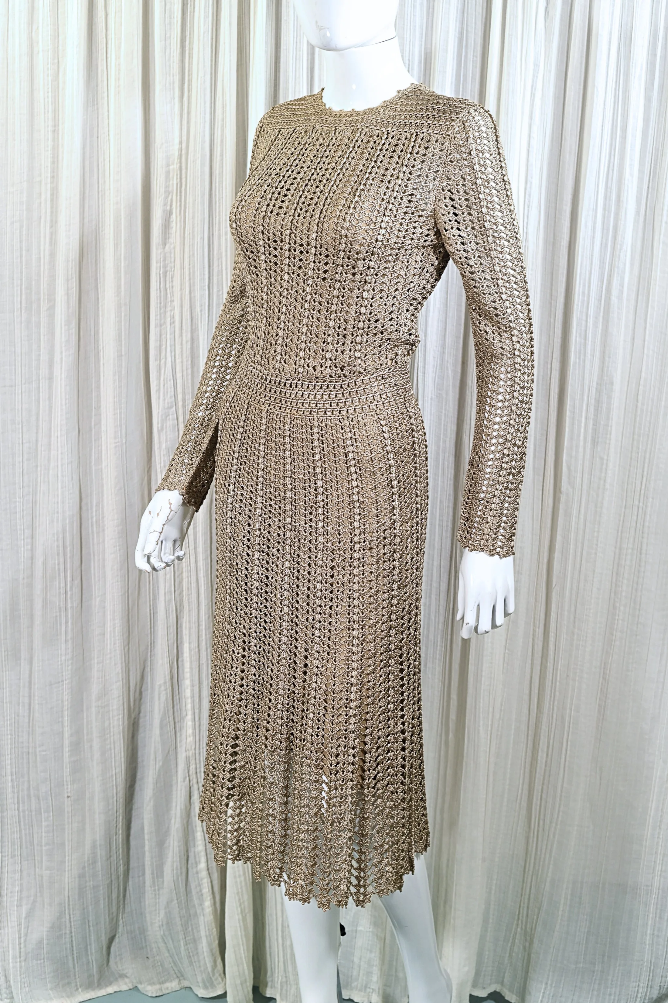 SOLD Vintage 70s Taupe Crochet Dress, Fitted Knit Dress Mady Gerrard XS/S