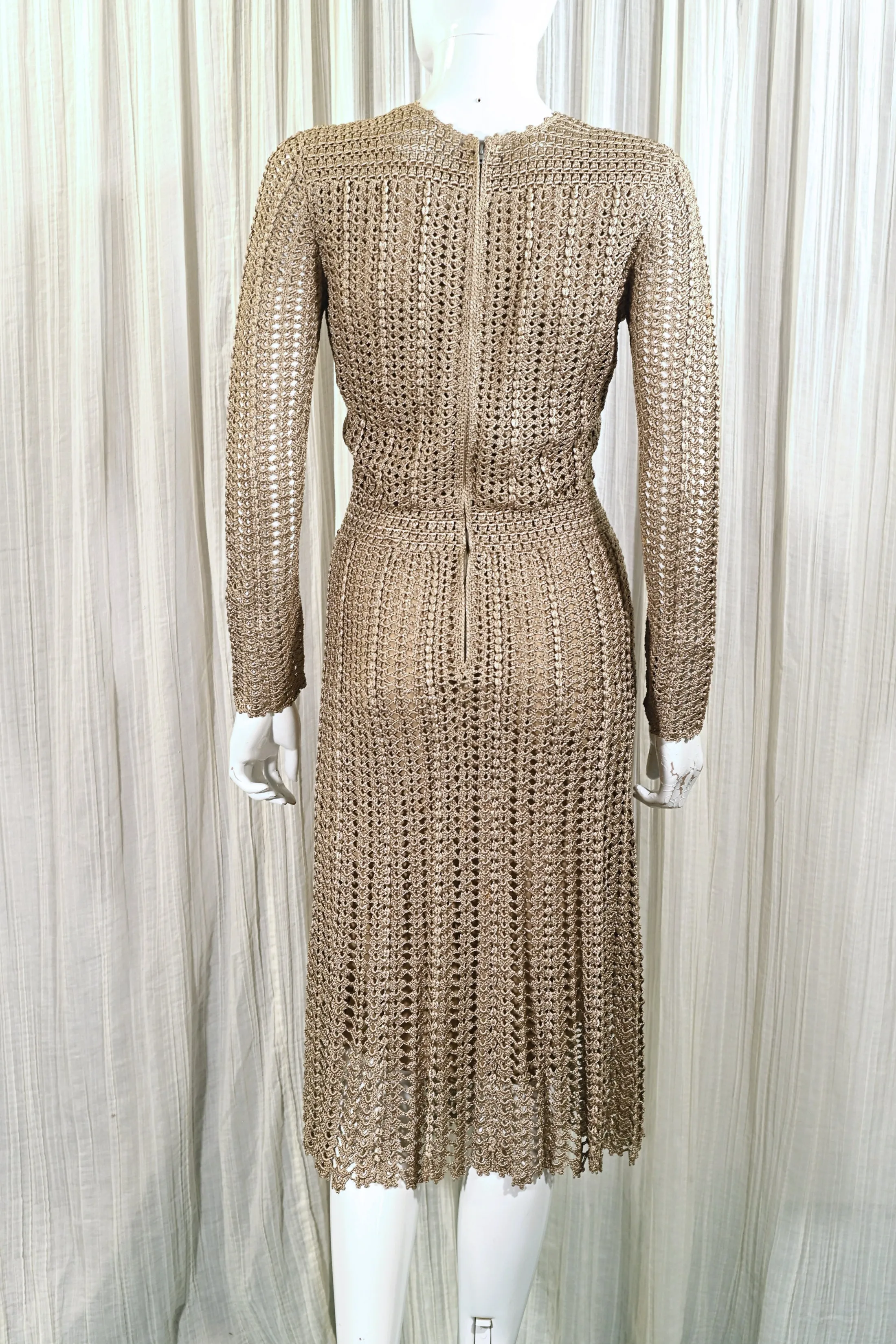 SOLD Vintage 70s Taupe Crochet Dress, Fitted Knit Dress Mady Gerrard XS/S