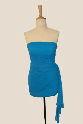 Strapless Blue Tight Short Dress with Shawl