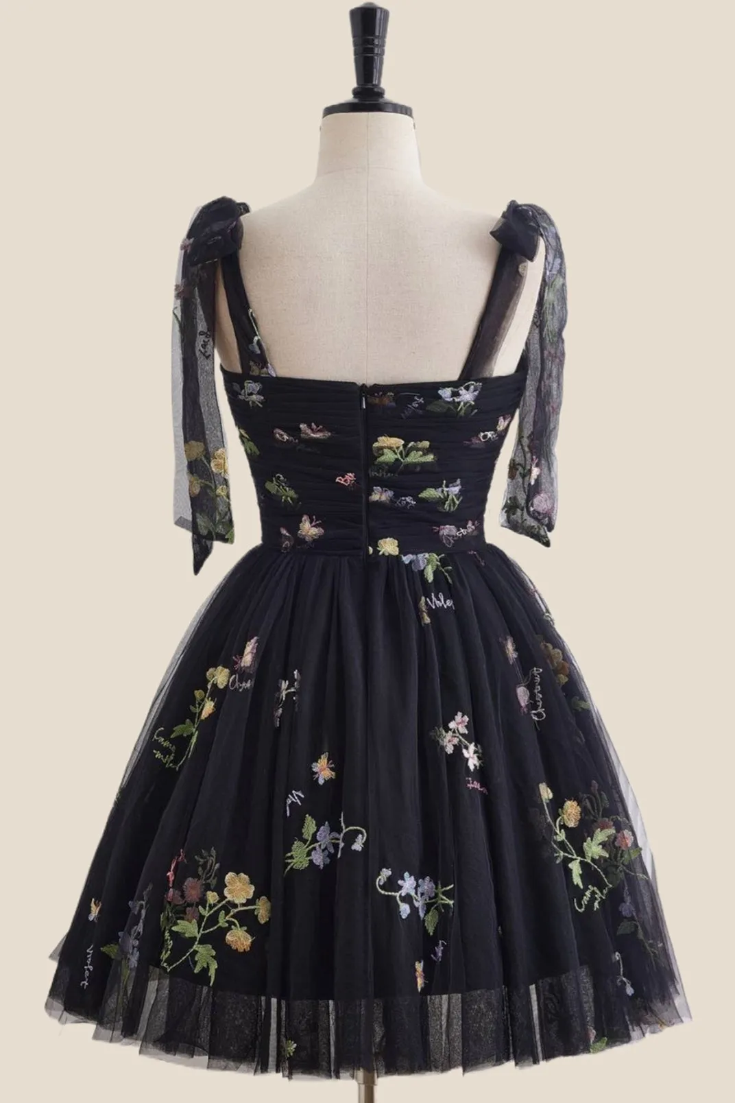 Straps Black Floral Ruched Tulle Short Dress