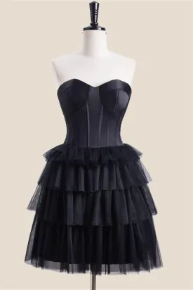 Sweetheart Black Tiered A-line Short Dress