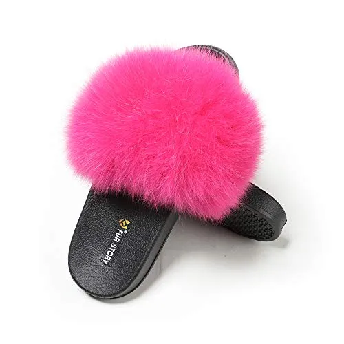 The story of fur women's fluffy fox fur sandals open-toed leather slippers (Rose, 9.5)