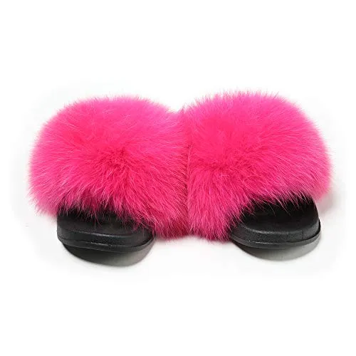 The story of fur women's fluffy fox fur sandals open-toed leather slippers (Rose, 9.5)