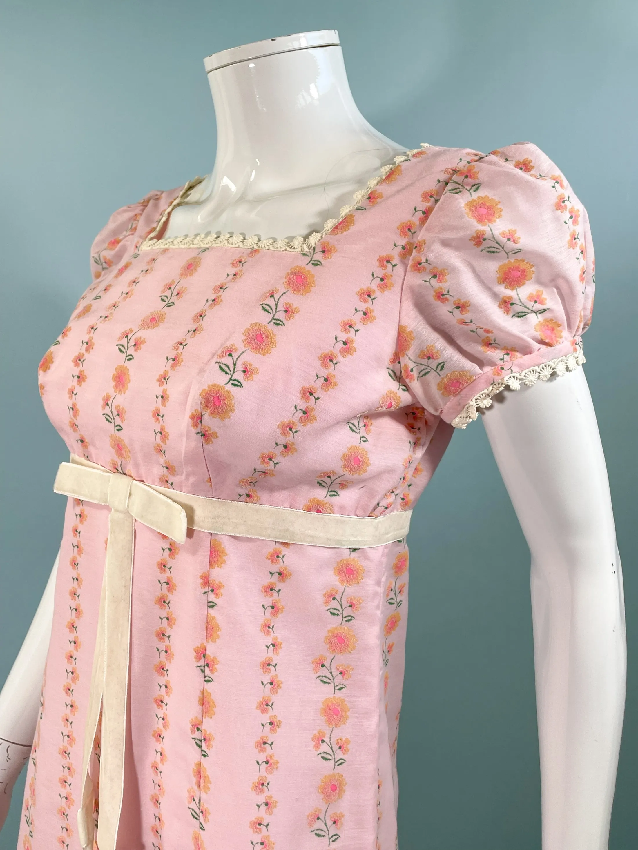 Vintage 60s Mod Baby Doll Empire Waist Mini Dress, Pink Floral Print Mini